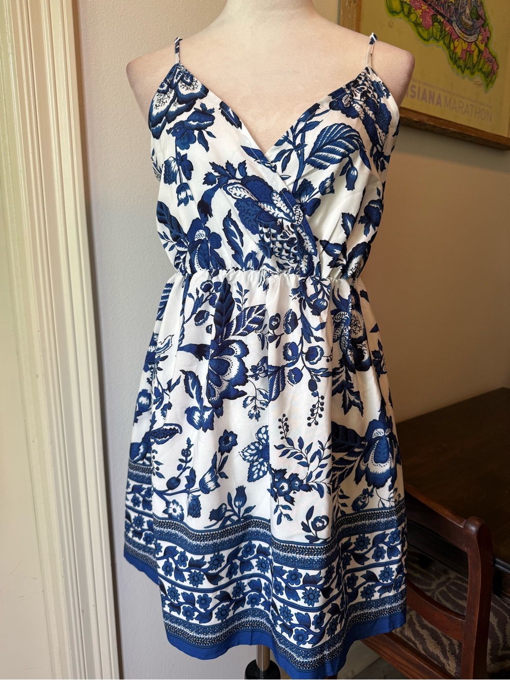 Blue and White Floral Sleeveless Dress